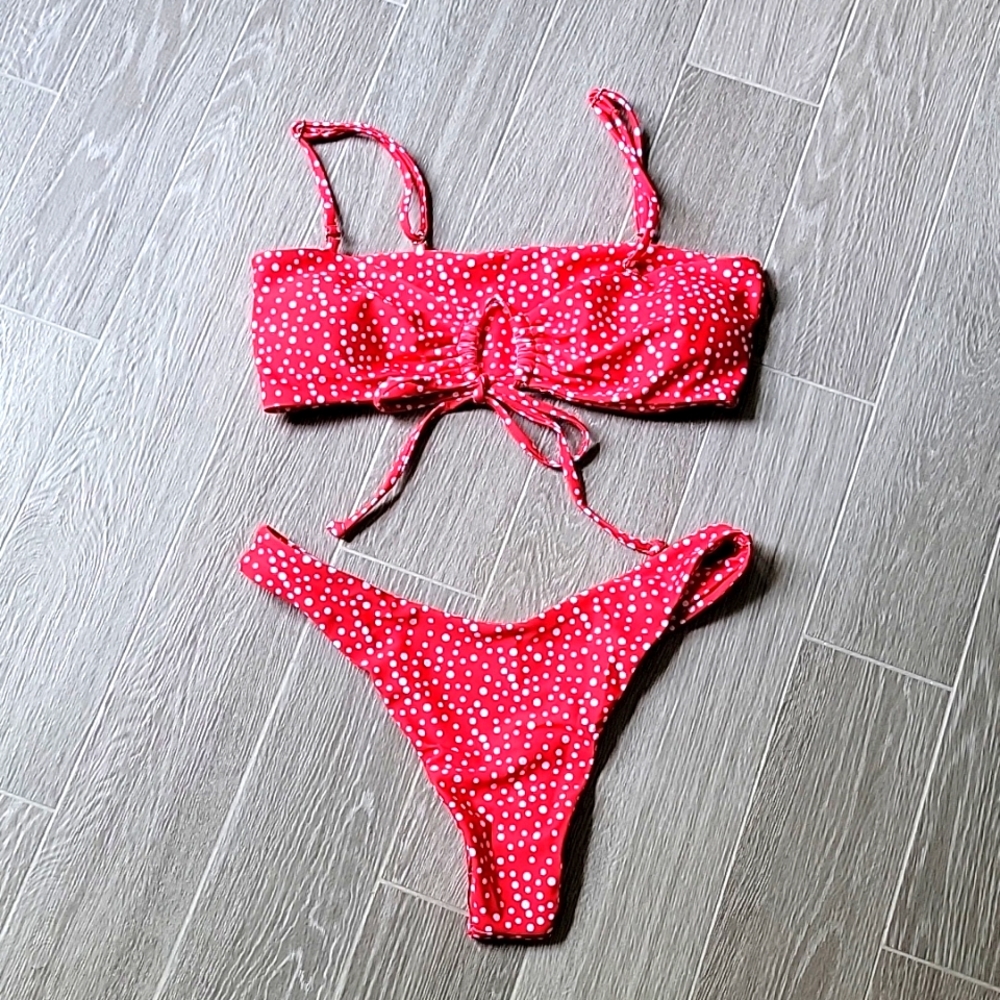 Red & White Polka-dot SHEIN Thong Bikini Size Small New Without Tags